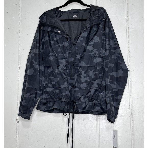 Apana L Black Gray Camo Yoga Jacket Lightweight Hooded Drawstring Waist NEW - Picture 2 of 6
